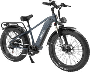 Dunkelblaues Elektrofahrrad mit robusten Rädern, Gepäckträger und Vorderlicht.