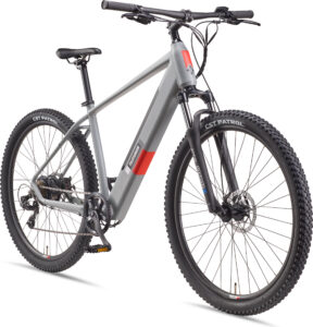 Graues E-Mountainbike mit breiten Reifen und robustem Rahmen auf weißem Hintergrund.