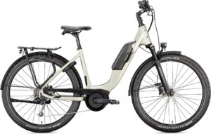 Moderne E-Bike-Seitenansicht mit robustem Rahmen, Elektromotor und Gepäckträger.