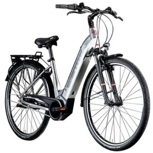 Silbernes E-Bike mit schwarzem Gepäckträger und Schutzblechen auf weißem Hintergrund.