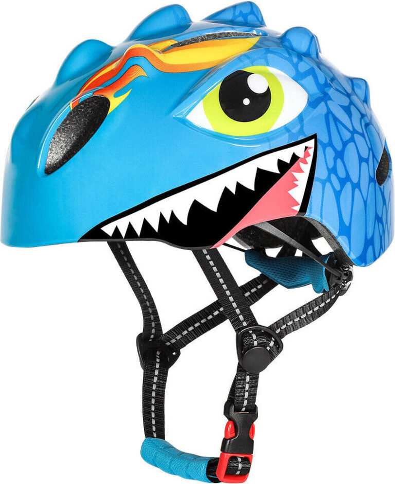 Blauer Kinderhelm mit Drachenmotiv und schwarzen Riemen.