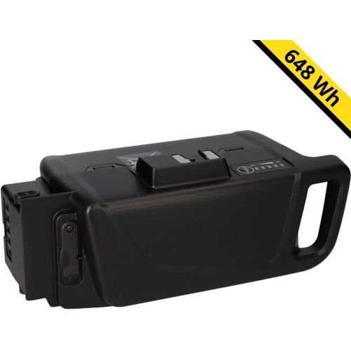 Tragbarer, schwarzer Akku mit 648 Wh Kapazität, seitlicher Griff und LED-Anzeige. Tragbarer, schwarzer Akku mit 648 Wh Kapazität, seitlicher Griff und LED-Anzeige.