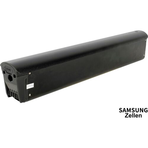 Schwarzer länglicher Akku mit abgerundeten Kanten, Aufschrift „Samsung Zellen“.