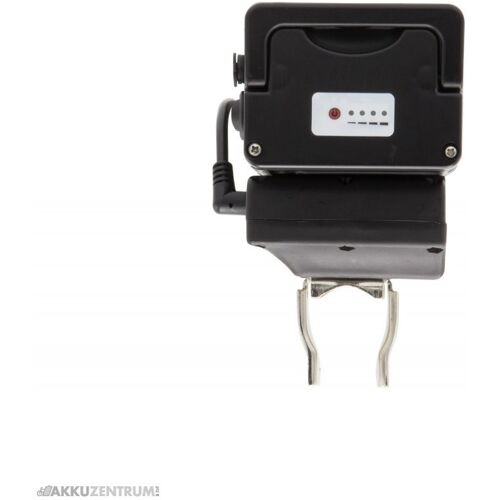 Schwarzes Elektrofahrrad-Ladegerät mit vierstufiger Ladeanzeige und Metallhalterung. Schwarzes Elektrofahrrad-Ladegerät mit vierstufiger Ladeanzeige und Metallhalterung.