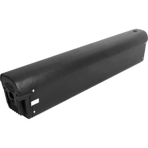 Schwarze rechteckige E-Bike-Batterie mit Anschluss.