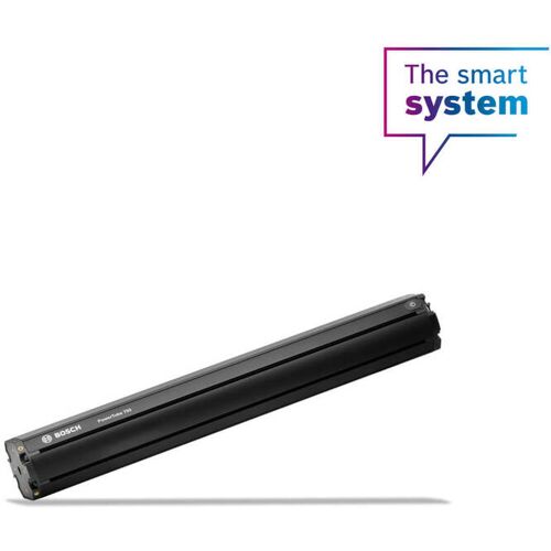 Schwarze Bosch PowerTube 750 Batterie auf weißem Hintergrund mit 