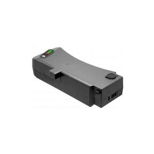 Grauer rechteckiger Akku mit LED-Anzeige und Anschlüssen. Grauer rechteckiger Akku mit LED-Anzeige und Anschlüssen.