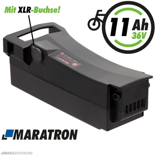 Schwarzer E-Bike-Akku 11Ah mit XLR-Buchse und Maratron-Logo auf weißem Hintergrund. Schwarzer E-Bike-Akku 11Ah mit XLR-Buchse und Maratron-Logo auf weißem Hintergrund.