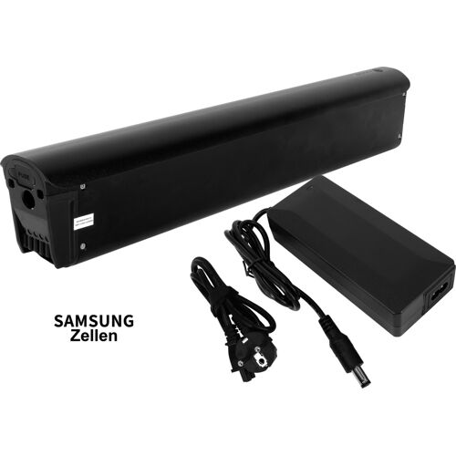 Schwarzer E-Bike Akku und Ladegerät mit Kabeln auf weißem Hintergrund.