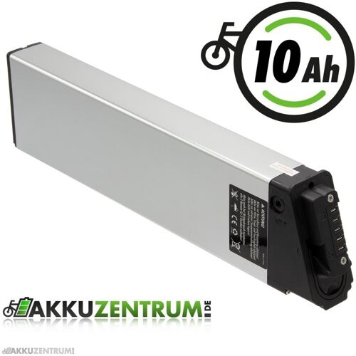 Silberner 10Ah E-Bike-Akku mit schwarzem Anschluss und Akkuzentrum-Logo. Silberner 10Ah E-Bike-Akku mit schwarzem Anschluss und Akkuzentrum-Logo.