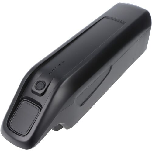 Schwarze E-Bike-Akku-Batterie in dreidimensionaler Ansicht vor weißem Hintergrund. Schwarze E-Bike-Akku-Batterie in dreidimensionaler Ansicht vor weißem Hintergrund.