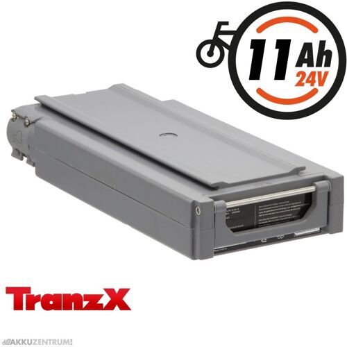 Grauer TranzX E-Bike-Akku mit 11Ah und 24V. Grauer TranzX E-Bike-Akku mit 11Ah und 24V.