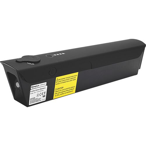 Schwarze E-Bike-Batterie mit Ladeanzeige und Warnhinweis auf der Seite. Schwarze E-Bike-Batterie mit Ladeanzeige und Warnhinweis auf der Seite.