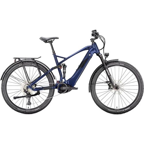 Blaues E-Bike mit schwarzem Rahmen und Reifen auf weißem Hintergrund.