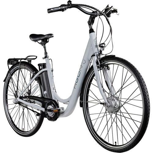 Graues E-Bike mit tiefem Einstieg und Gepäckträger.