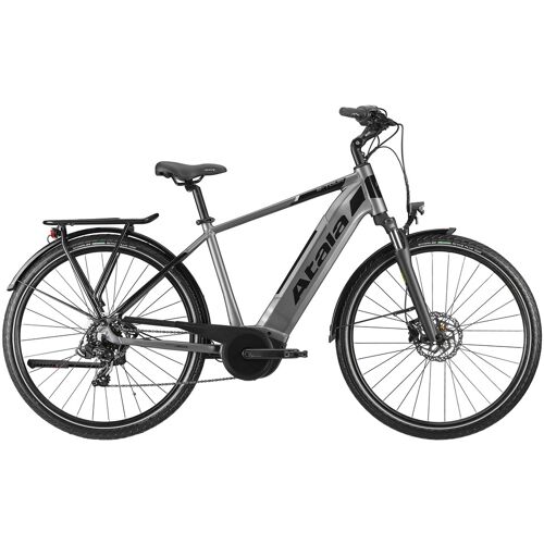Graues E-Bike mit Gepäckträger und Scheibenbremsen, seitliche Ansicht. Graues E-Bike mit Gepäckträger und Scheibenbremsen, seitliche Ansicht.