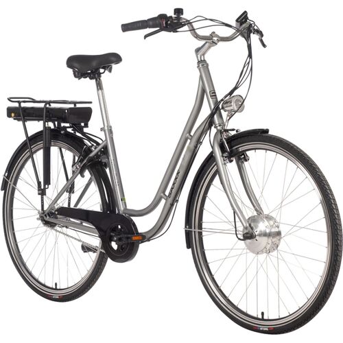Silbernes E-Bike mit tiefem Einstieg und schwarzem Sitz.
