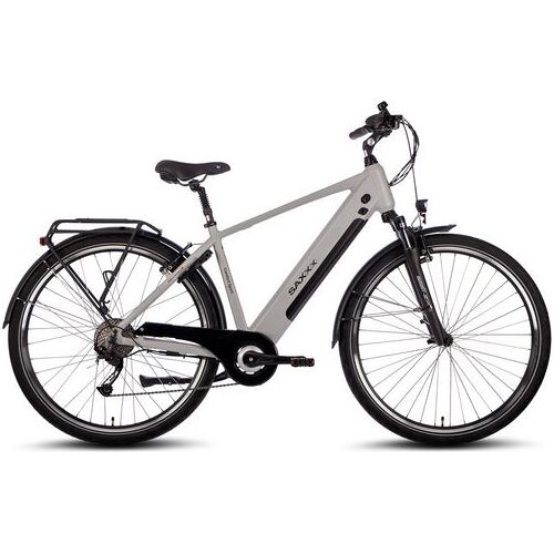 Modernes E-Bike mit Gepäckträger und Lichtern, seitliche Ansicht.