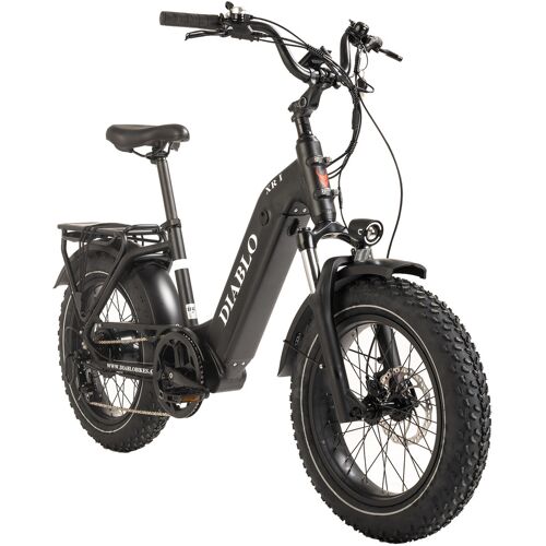 Schwarzes E-Bike mit dicken Reifen und Gepäckträger.