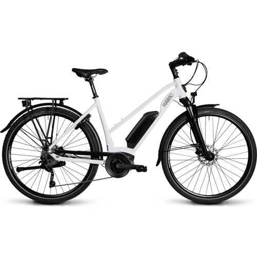 Weißes E-Bike mit Gepäckträger und schwarzem Akku auf weißem Hintergrund.