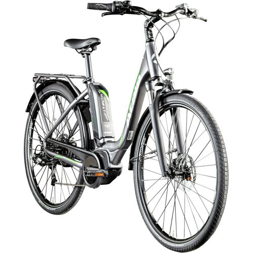 Modernes E-Bike mit schwarzem Rahmen und eingebautem Elektromotor.
