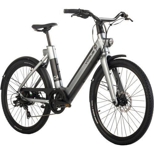 Silbernes E-Bike mit tiefem Einstieg auf weißem Hintergrund abgebildet.