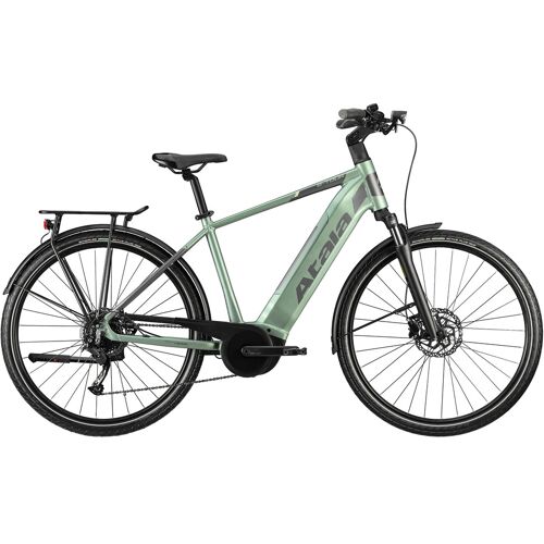 Grünes E-Bike mit dickem Rahmen und Scheibenbremsen seitlich abgebildet. Grünes E-Bike mit dickem Rahmen und Scheibenbremsen seitlich abgebildet.