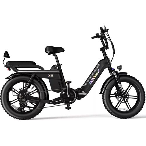 Schwarzes Elektrofahrrad X5 mit dicken Reifen und Gepäckträger, Seitenansicht. Schwarzes Elektrofahrrad X5 mit dicken Reifen und Gepäckträger, Seitenansicht.