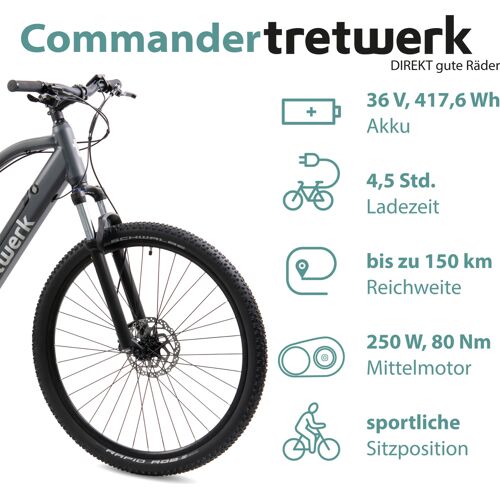 E-Bike mit technischen Spezifikationen und silbernem Rahmen.