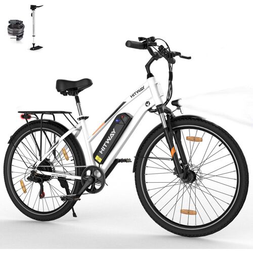 Weißes E-Bike mit Akku, Steuerelementen und schwarzem Zubehör.
