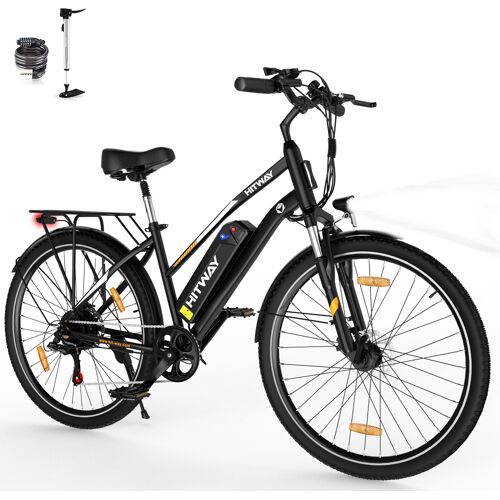 Schwarzes E-Bike mit Zubehör auf weißem Hintergrund.