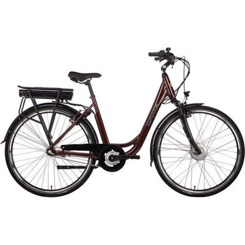 Rotes Elektrofahrrad mit tiefem Einstieg, Seitansicht auf weißem Hintergrund. Rotes Elektrofahrrad mit tiefem Einstieg, Seitansicht auf weißem Hintergrund.
