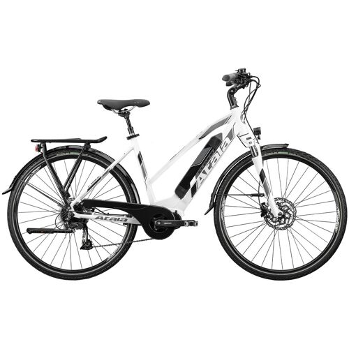 Weißes E-Bike mit Gepäckträger und dunklen Reifen.