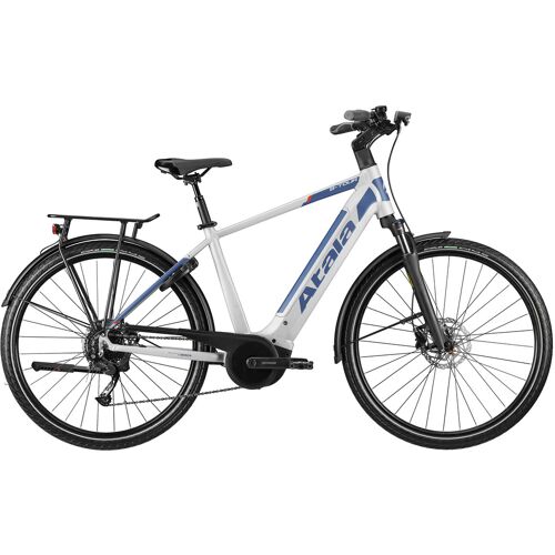 E-Bike mit weißem Rahmen und blauen Akzenten, vollständige Ansicht. E-Bike mit weißem Rahmen und blauen Akzenten, vollständige Ansicht.