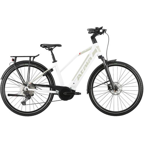 Weißes E-Bike mit Gepäckträger und Vorderradgabelfederung vor weißem Hintergrund. Weißes E-Bike mit Gepäckträger und Vorderradgabelfederung vor weißem Hintergrund.
