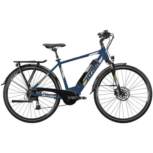 Blaues E-Bike mit Gepäckträger und Scheibenbremsen, seitlich fotografiert.