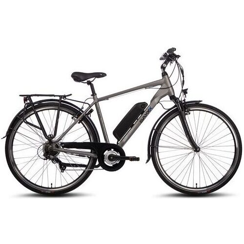 Graues E-Bike mit Gepäckträger und sichtbarem Akku an einem Ständer. Graues E-Bike mit Gepäckträger und sichtbarem Akku an einem Ständer.