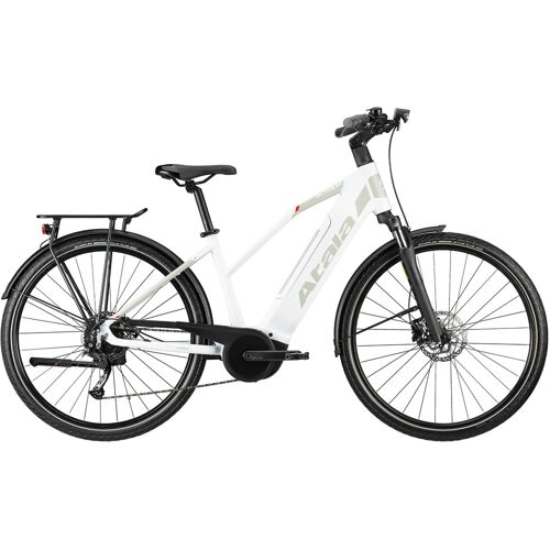 Weißes E-Bike mit schwarzem Rahmen und Zubehör, Seitenansicht. Weißes E-Bike mit schwarzem Rahmen und Zubehör, Seitenansicht.
