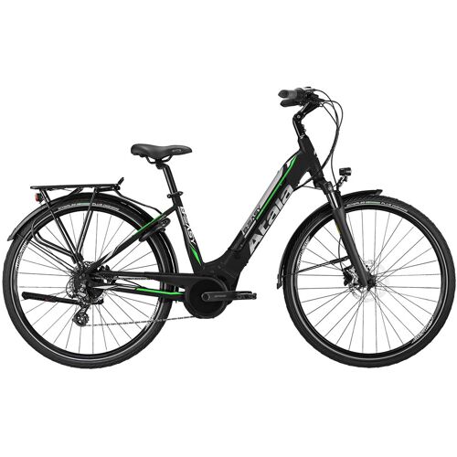 Schwarzes E-Bike mit grünem Akzent auf weißem Hintergrund.