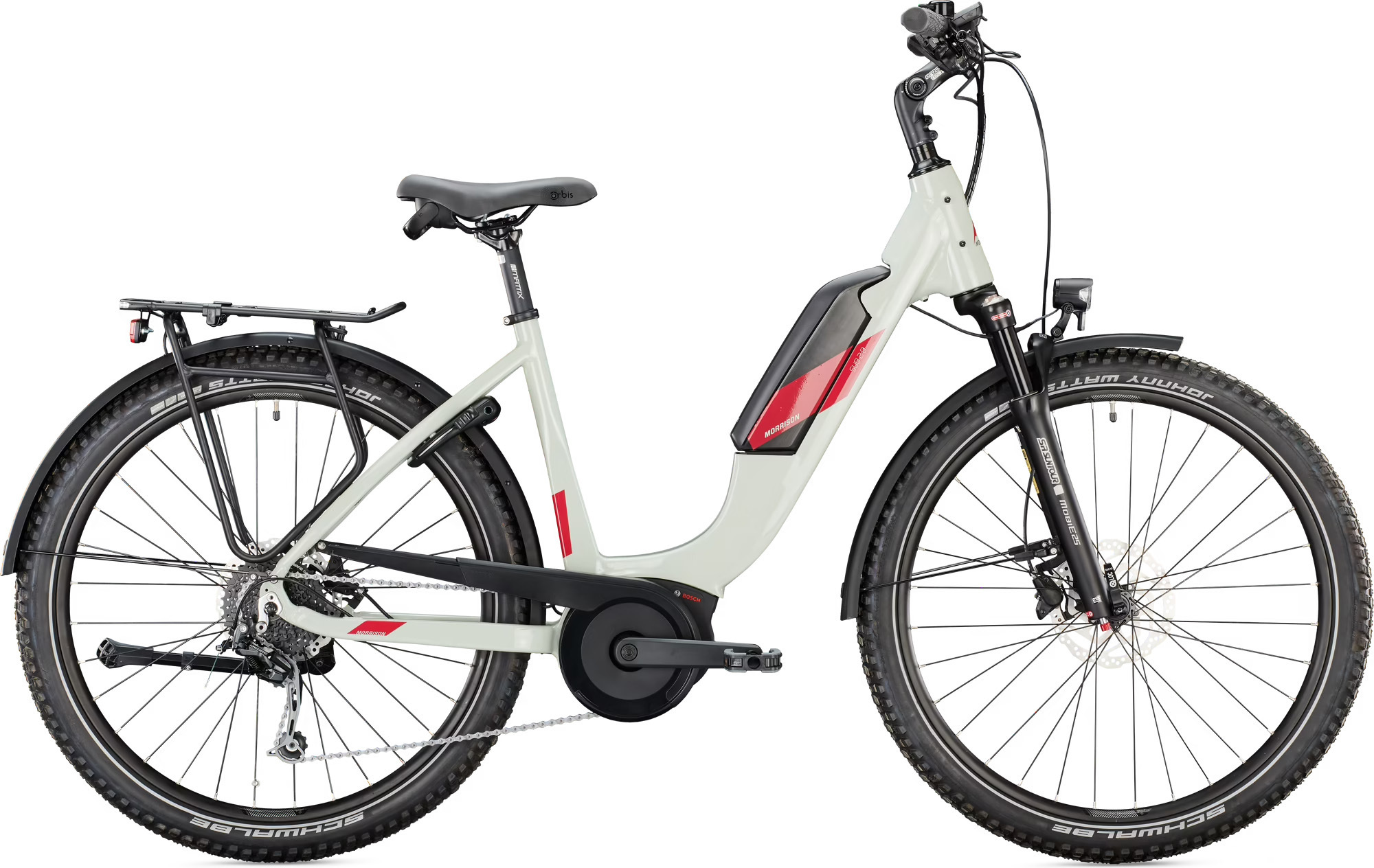 Weißes E-Bike mit Mittelmotor, Scheibenbremsen und Gepäckträger seitlich betrachtet