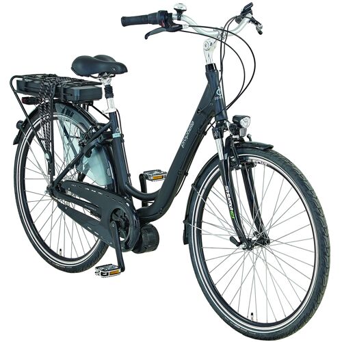 Schwarzes E-Bike mit tiefem Einstieg, Batterie und Schutzblechen.