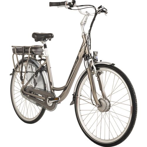 Silbernes E-Bike mit tiefem Einstieg und Gepäckträgerbatterie. Silbernes E-Bike mit tiefem Einstieg und Gepäckträgerbatterie.