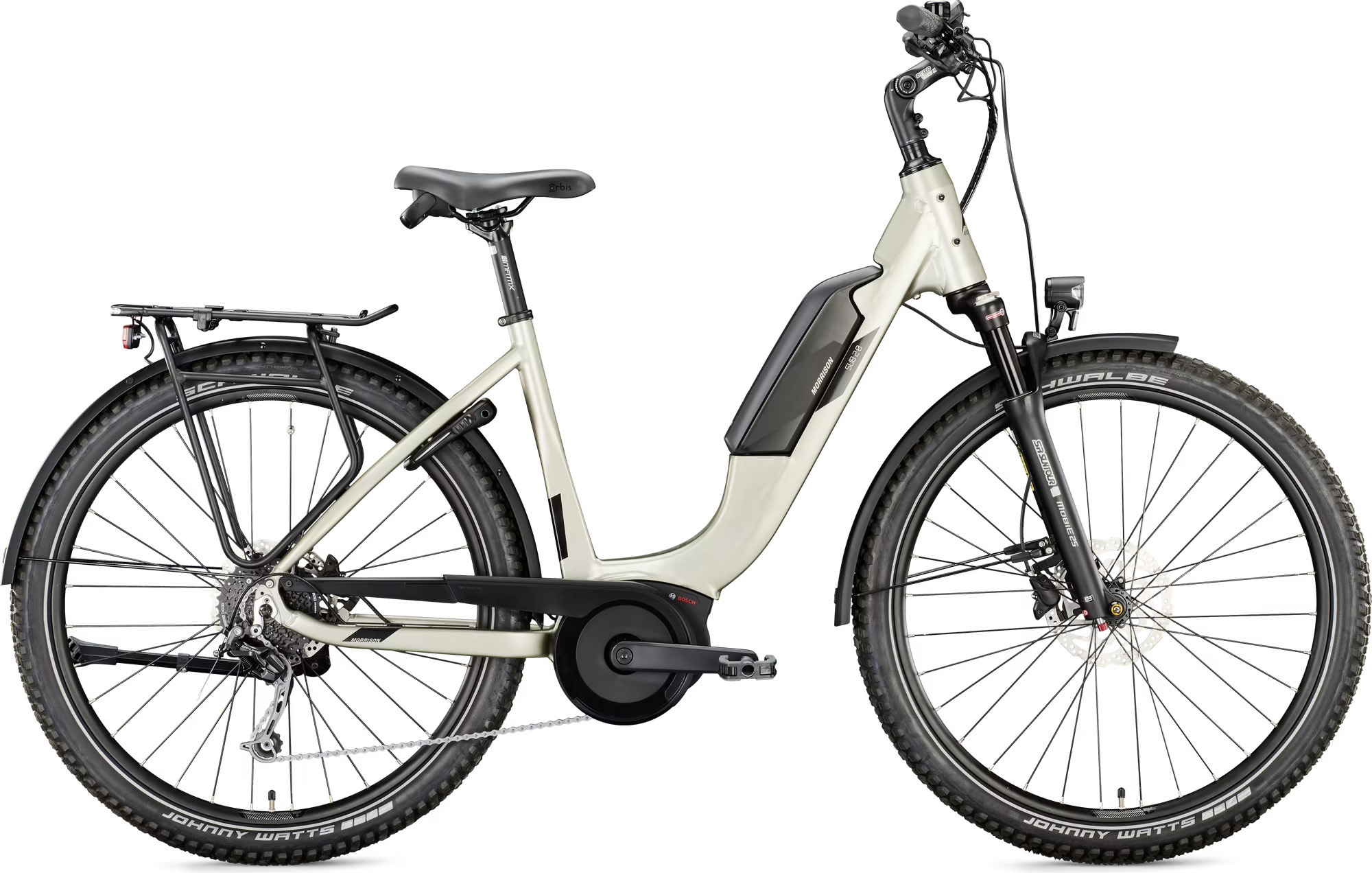 Moderne E-Bike-Seitenansicht mit robustem Rahmen, Elektromotor und Gepäckträger.