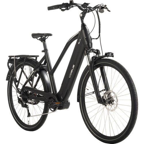 Schwarzes E-Bike mit Gepäckträger und Scheibenbremsen. Schwarzes E-Bike mit Gepäckträger und Scheibenbremsen.