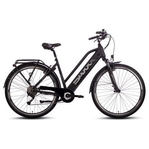 Schwarzes E-Bike mit tiefem Durchstieg und Gepäckträger seitlich fotografiert. Schwarzes E-Bike mit tiefem Durchstieg und Gepäckträger seitlich fotografiert.