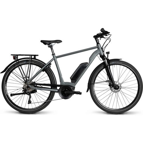 Graues E-Bike mit Elektromotor und Gepäckträger auf weißem Hintergrund. Graues E-Bike mit Elektromotor und Gepäckträger auf weißem Hintergrund.