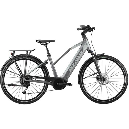 Silbernes E-Bike mit stabilem Rahmen und schwarzem Gepäckträger. Silbernes E-Bike mit stabilem Rahmen und schwarzem Gepäckträger.