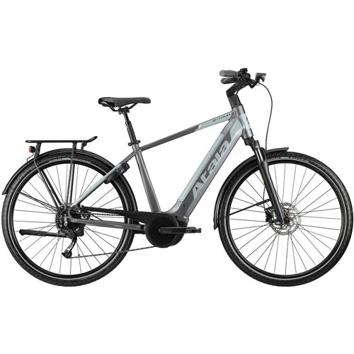 Silbernes E-Bike mit dickem Rahmen und Scheibenbremsen. Silbernes E-Bike mit dickem Rahmen und Scheibenbremsen.