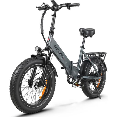 Faltbares E-Bike mit dicken Reifen und Gepäckträger auf weißem Hintergrund.