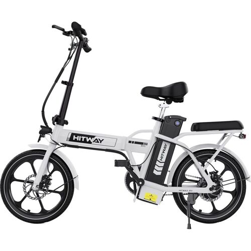 Weißes Faltrad E-Bike mit schwarzem Sattel und großen Felgen, seitliche Ansicht.